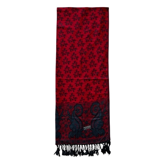 Red Blue Black Paisley Floral Print 100% Pashmina Wrap Scarf with Fringe - Picture 3 of 5